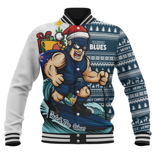 Carlton Baseball Jacket Christmas Holiday Santa Rides The Waves