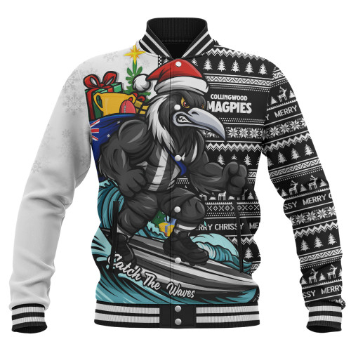 Collingwood Baseball Jacket Christmas Holiday Santa Rides The Waves