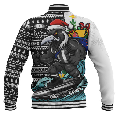 Collingwood Baseball Jacket Christmas Holiday Santa Rides The Waves