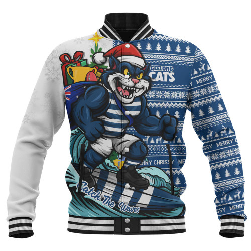 Geelong Cats Baseball Jacket Christmas Holiday Santa Rides The Waves
