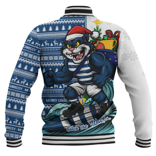 Geelong Cats Baseball Jacket Christmas Holiday Santa Rides The Waves