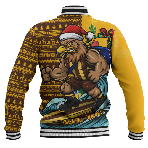 Hawthorn Baseball Jacket Christmas Holiday Santa Rides The Waves