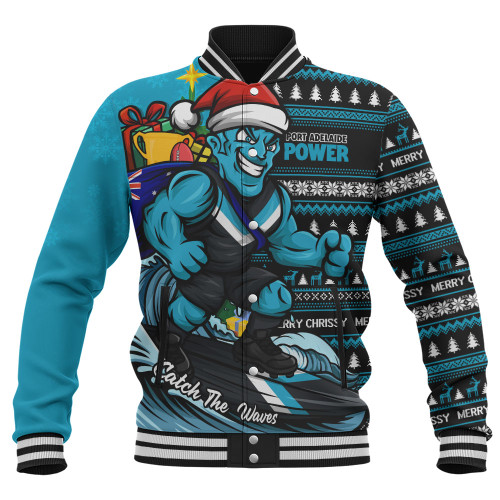 Port Adelaide Baseball Jacket Christmas Holiday Santa Rides The Waves