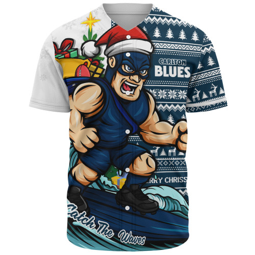Carlton Baseball Shirt Christmas Holiday Santa Rides The Waves