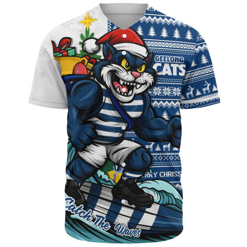 Geelong Cats Baseball Shirt Christmas Holiday Santa Rides The Waves