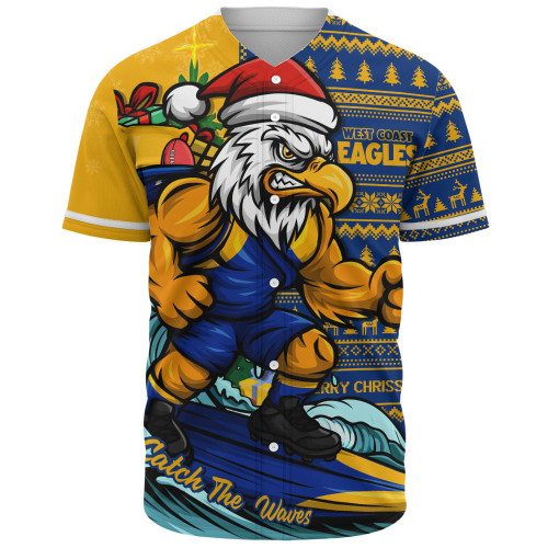 West Coast Eagles Baseball Shirt Christmas Holiday Santa Rides The Waves