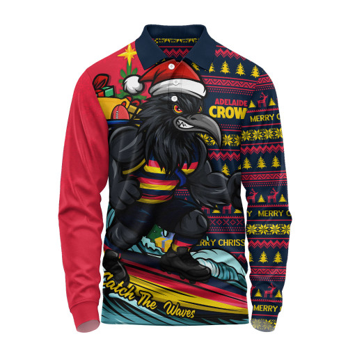 Adelaide Crows Long Sleeve Polo Shirt Christmas Holiday Santa Rides The Waves