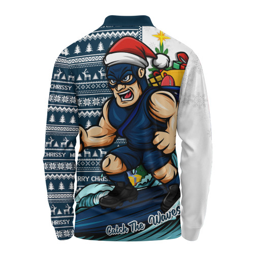 Carlton Long Sleeve Polo Shirt Christmas Holiday Santa Rides The Waves