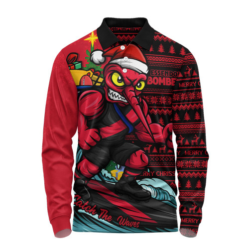 Essendon Long Sleeve Polo Shirt Christmas Holiday Santa Rides The Waves