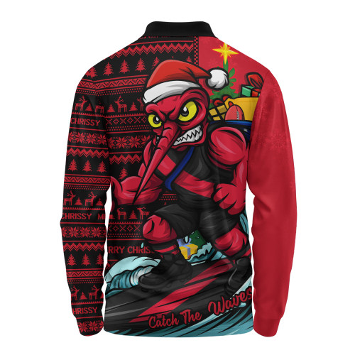 Essendon Long Sleeve Polo Shirt Christmas Holiday Santa Rides The Waves