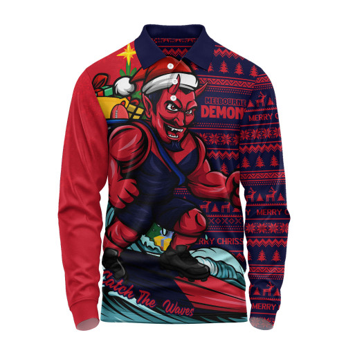 Melbourne Long Sleeve Polo Shirt Christmas Holiday Santa Rides The Waves