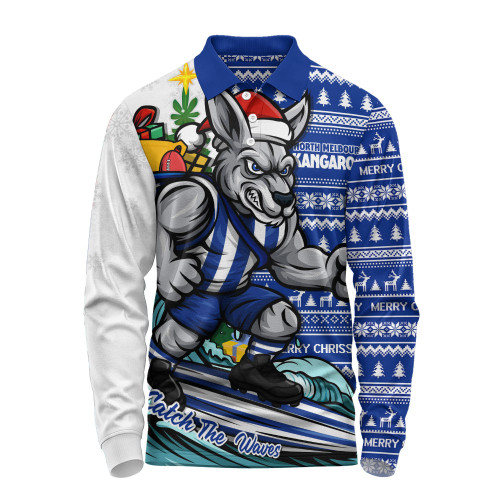 North Melbourne Long Sleeve Polo Shirt Christmas Holiday Santa Rides The Waves