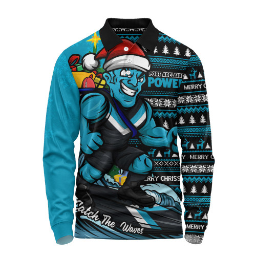 Port Adelaide Long Sleeve Polo Shirt Christmas Holiday Santa Rides The Waves