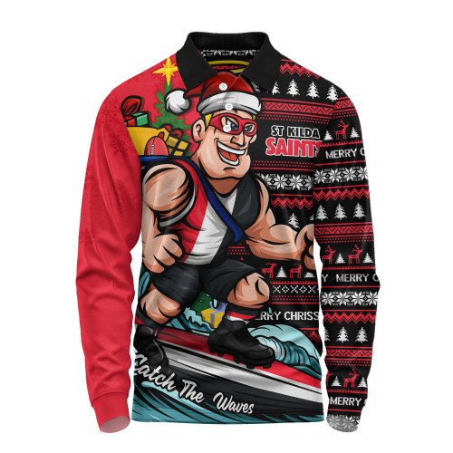 St Kilda Long Sleeve Polo Shirt Christmas Holiday Santa Rides The Waves