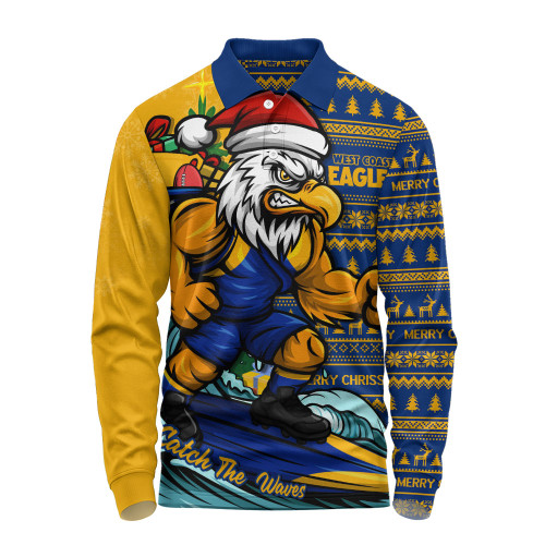 West Coast Eagles Long Sleeve Polo Shirt Christmas Holiday Santa Rides The Waves