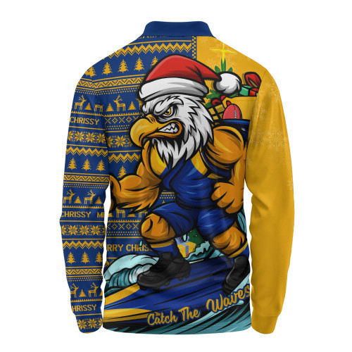West Coast Eagles Long Sleeve Polo Shirt Christmas Holiday Santa Rides The Waves