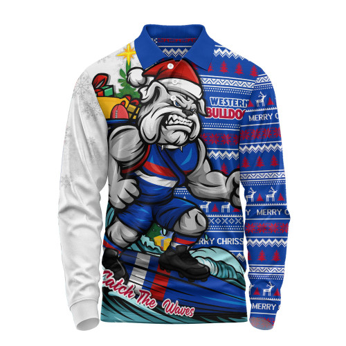 Western Bulldogs Long Sleeve Polo Shirt Christmas Holiday Santa Rides The Waves