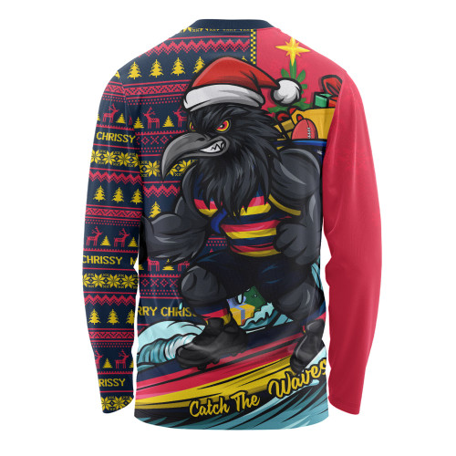 Adelaide Crows Long Sleeve T-shirt Christmas Holiday Santa Rides The Waves