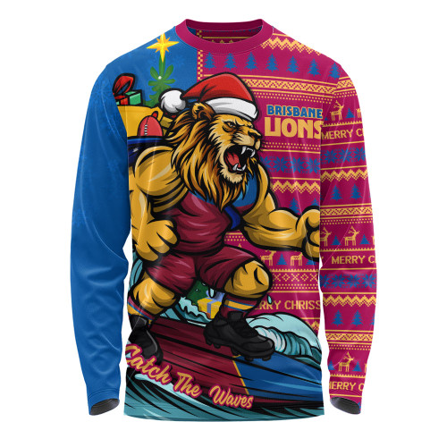 Brisbane Lions Long Sleeve T-shirt Christmas Holiday Santa Rides The Waves