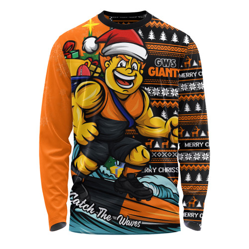 GWS GIANTS Long Sleeve T-shirt Christmas Holiday Santa Rides The Waves