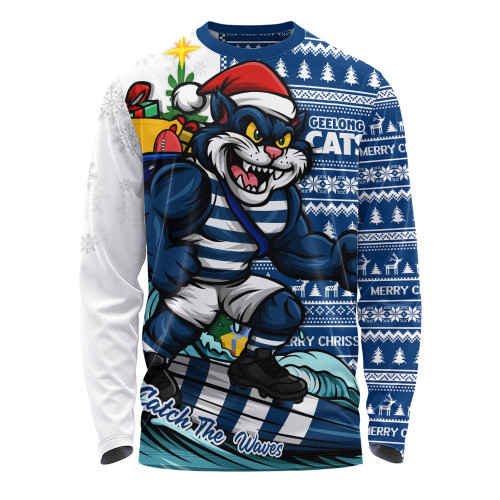 Geelong Cats Long Sleeve T-shirt Christmas Holiday Santa Rides The Waves