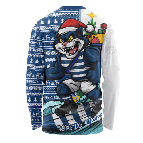 Geelong Cats Long Sleeve T-shirt Christmas Holiday Santa Rides The Waves