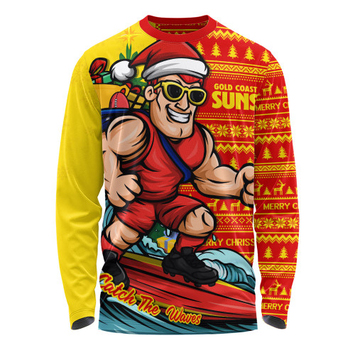 Gold Coast SUNS Long Sleeve T-shirt Christmas Holiday Santa Rides The Waves