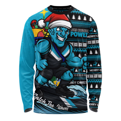 Port Adelaide Long Sleeve T-shirt Christmas Holiday Santa Rides The Waves