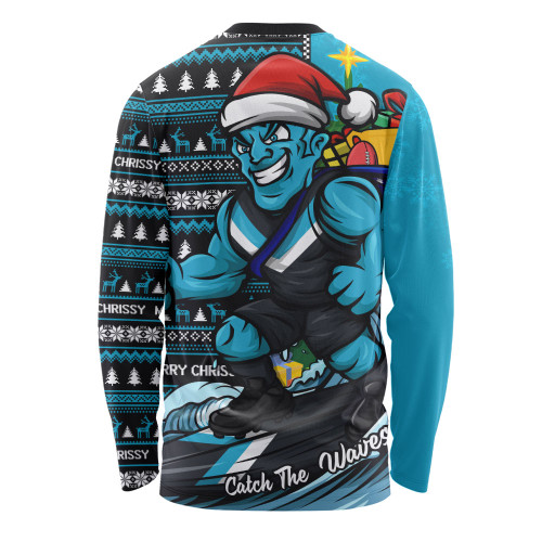 Port Adelaide Long Sleeve T-shirt Christmas Holiday Santa Rides The Waves