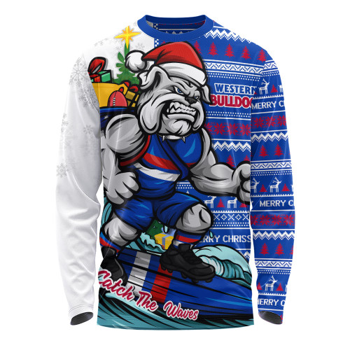 Western Bulldogs Long Sleeve T-shirt Christmas Holiday Santa Rides The Waves