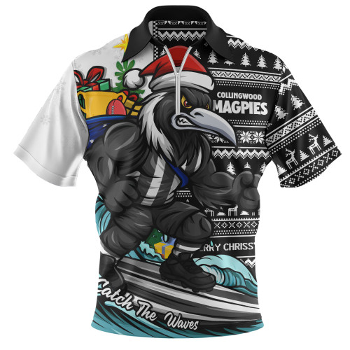 Collingwood Zip Polo Shirt Christmas Holiday Santa Rides The Waves