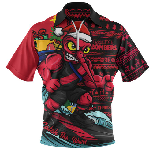 Essendon Zip Polo Shirt Christmas Holiday Santa Rides The Waves