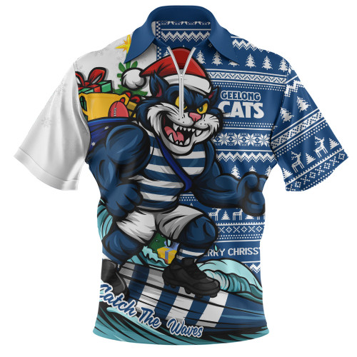 Geelong Cats Zip Polo Shirt Christmas Holiday Santa Rides The Waves