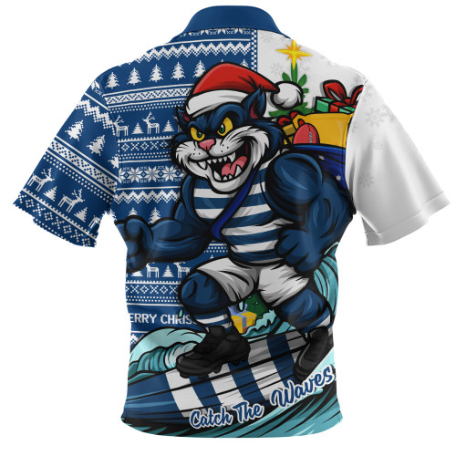 Geelong Cats Zip Polo Shirt Christmas Holiday Santa Rides The Waves