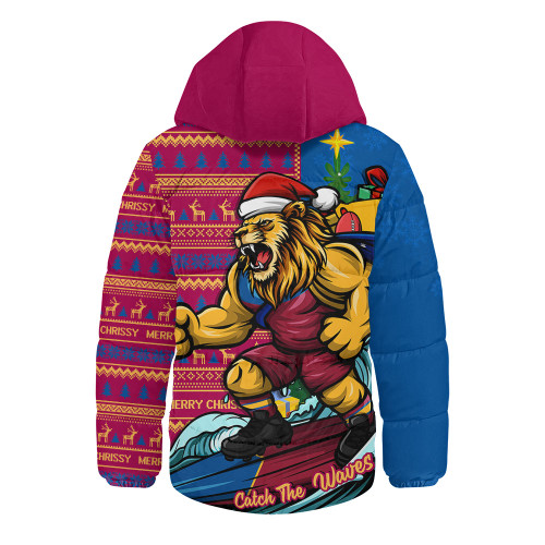 Brisbane Lions Hooded Padded Jacket Christmas Holiday Santa Rides The Waves