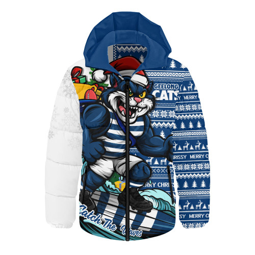 Geelong Cats Hooded Padded Jacket Christmas Holiday Santa Rides The Waves
