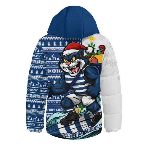 Geelong Cats Hooded Padded Jacket Christmas Holiday Santa Rides The Waves
