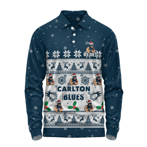 Carlton Long Sleeve Polo Shirt Special Ugly Christmas Holiday Footy Fans
