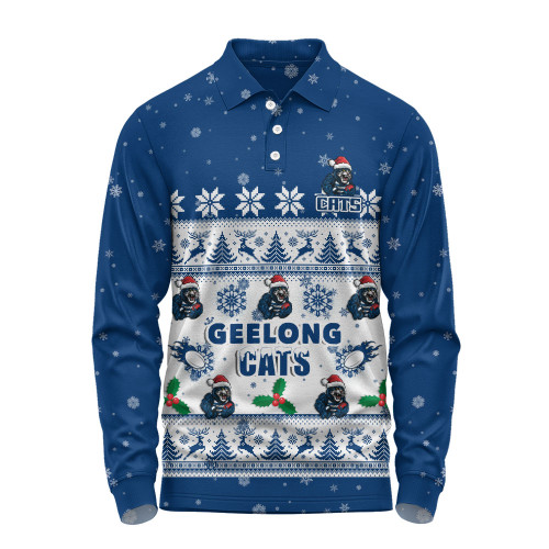 Geelong Cats Long Sleeve Polo Shirt Special Ugly Christmas Holiday Footy Fans