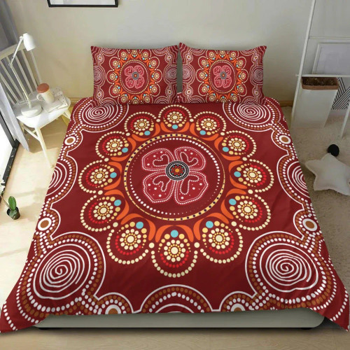 Australia Aboriginal Bedding Set - Aboriginal Dot Art Painting With Red Poppy Flower