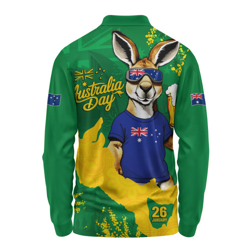Australia Long Sleeve Polo Shirt Australia Day Kangaroo Cheers Green Gold Celebration Edition