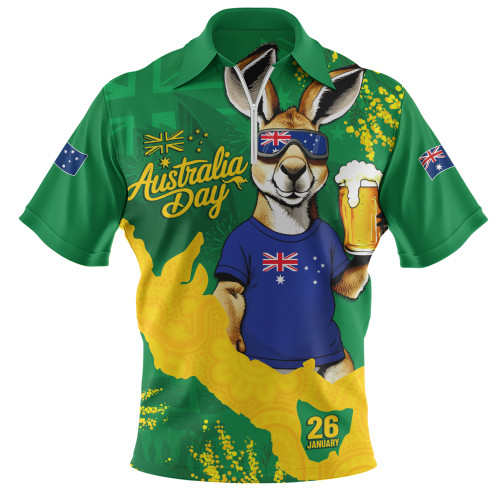 Australia Zip Polo Shirt Australia Day Kangaroo Cheers Green Gold Celebration Edition