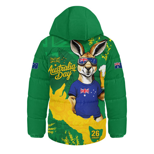 Australia Hooded Padded Jacket Australia Day Kangaroo Cheers Green Gold Celebration Edition