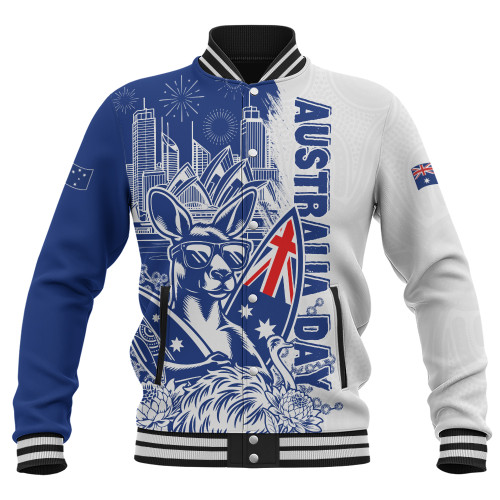 Australia Baseball Jacket Australia Day Kangaroo Surfboard Blue Skyline Celebration