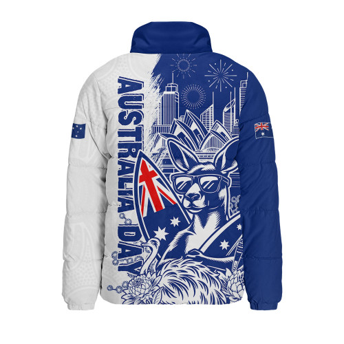 Australia Padded Jacket Australia Day Kangaroo Surfboard Blue Skyline Celebration