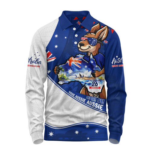 Australia Long Sleeve Polo Shirt Australia Day Kangaroo Blue Spirit 26 January Holiday
