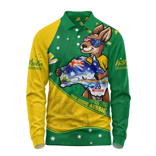 Australia Long Sleeve Polo Shirt Australia Day Kangaroo Green Gold Spirit 26 January Holiday