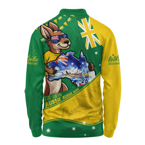 Australia Long Sleeve Polo Shirt Australia Day Kangaroo Green Gold Spirit 26 January Holiday