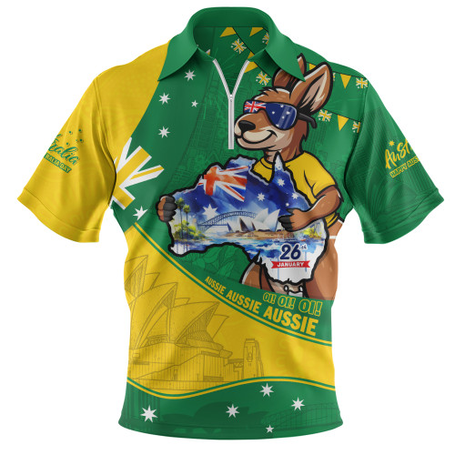 Australia Zip Polo Shirt Australia Day Kangaroo Green Gold Spirit 26 January Holiday