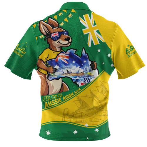 Australia Zip Polo Shirt Australia Day Kangaroo Green Gold Spirit 26 January Holiday